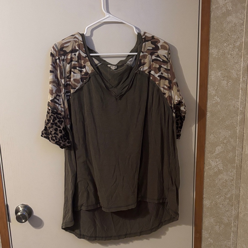 POL Olive Camouflage and Leopard Print Blouse